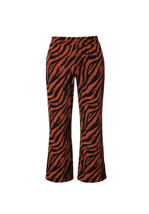 Oranje en zwarte tijgerstreepachtige broek met een ontspannen pasvorm, voorzien van een elastische tailleband en iets uitlopende benen. Zachte, gestructureerde stof.