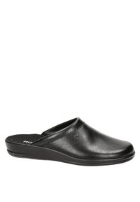 Svarta läderträsko med rund tå, låg klack och slip-on-design. Har en slät textur och subtila sömmar på ovansidan.