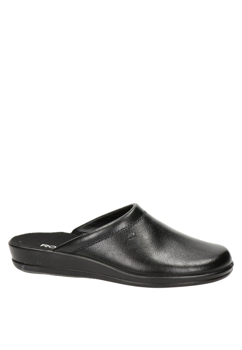 Svarta läderträsko med rund tå, låg klack och slip-on-design. Har en slät textur och subtila sömmar på ovansidan.