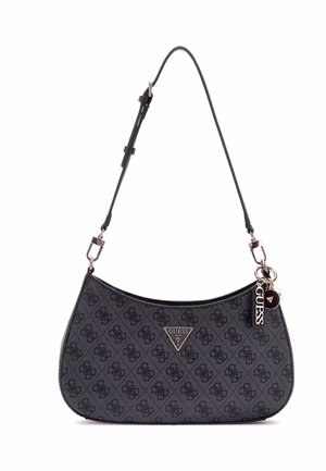 Kleine zwarte designer schoudertas met verstelbare schouderband, een all-over patroon, metalen logo plaat en branded sleutelhanger charms.