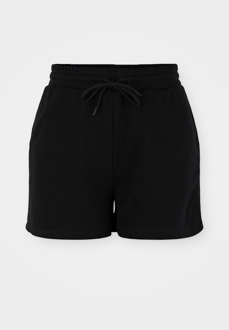Shorts noirs en coton avec une taille élastique, un cordon de serrage ajustable et des poches latérales. Texture douce et coupe décontractée.