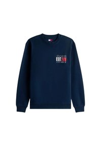 Felpa blu navy con scollo rotondo e maniche lunghe. Presenta un'etichetta con logo rettangolare in rosso, bianco e blu sul petto.