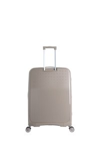 Hard-shell suitcase in light beige with a ribbed texture, a telescopic handle, and four wheels, featuring a circular logo on one wheel.