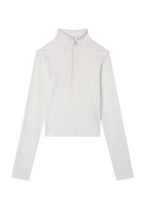 Biała, prążkowana, długorękawowa bluzka crop z golfem i przednim zamkiem do połowy.