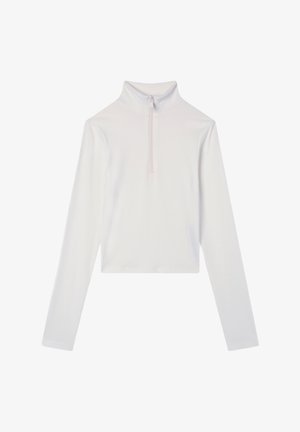 Biała, prążkowana, długorękawowa bluzka crop z golfem i przednim zamkiem do połowy.