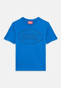 Φωτεινό μπλε κοντομάνικο μπλουζάκι με στρογγυλή λαιμόκοψη, με το μαύρο περίγραμμα του λογότυπου "DIESEL" μέσα σε οβάλ σχήμα στο στήθος.