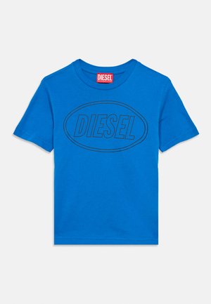 Heldere blauwe korte mouw T-shirt met ronde hals, met zwart omrande "DIESEL"-logo binnen een ovaal op de borst.