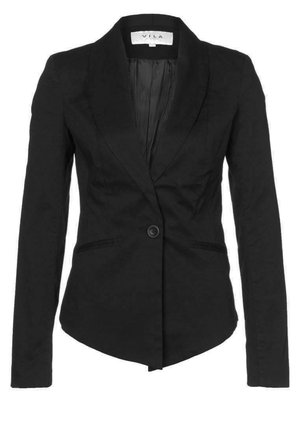 Veste noire pour femme, cintrée, avec une fermeture à un bouton, un col à revers cranté et des poches passepoilées à l'avant.