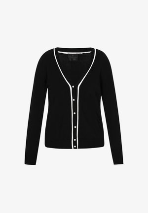Sort cardigan med V-udskæring, hvid kant, knaplukning og lange ærmer. Lille i blødt materiale med tætsiddende design.