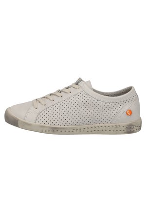 Light grey perforated sneaker with a rounded toe, flat laces, and a rubber outsole. Features an orange logo near the heel.