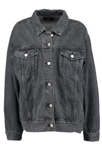 Grijze denimjacket met knoopsluiting, twee borstzakken en een kraag. Heeft een relaxte pasvorm en een licht verweerde textuur.