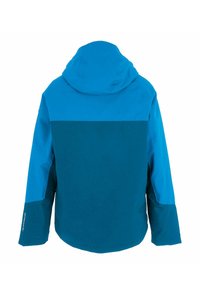 Veste à capuche bicolore bleue à manches longues, vue de dos sur fond blanc.