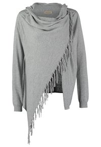 Grijze gebreide trui met een gedrapeerde kraag en een asymmetrische zoom. Bevat lange franjes aan één zijde. Zachte textuur, lange mouwen.