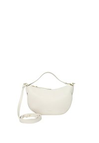 Borsa a tracolla in pelle bianca con forma curva, superficie texturizzata, tracolla rimovibile e accessori in tonalità oro. Chiusura con zip sulla parte superiore.