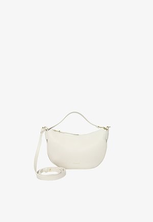 Borsa a tracolla in pelle bianca con forma curva, superficie texturizzata, tracolla rimovibile e accessori in tonalità oro. Chiusura con zip sulla parte superiore.