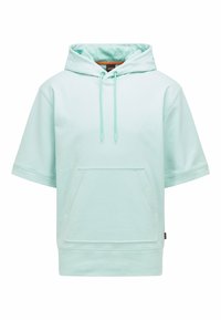 Mátově zelená krátkosrstá mikina vyrobená z měkké bavlny. Obsahuje klokanní kapsu, kapuci se šňůrkami a žebrované manžety pro dodatečné detaily.