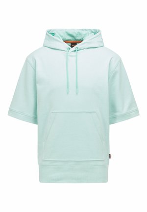 Mintgrön kortärmad huvtröja gjord av mjuk bomull. Har en känguruficka, dragsko i huvan och ribbade mudd för extra detalj.