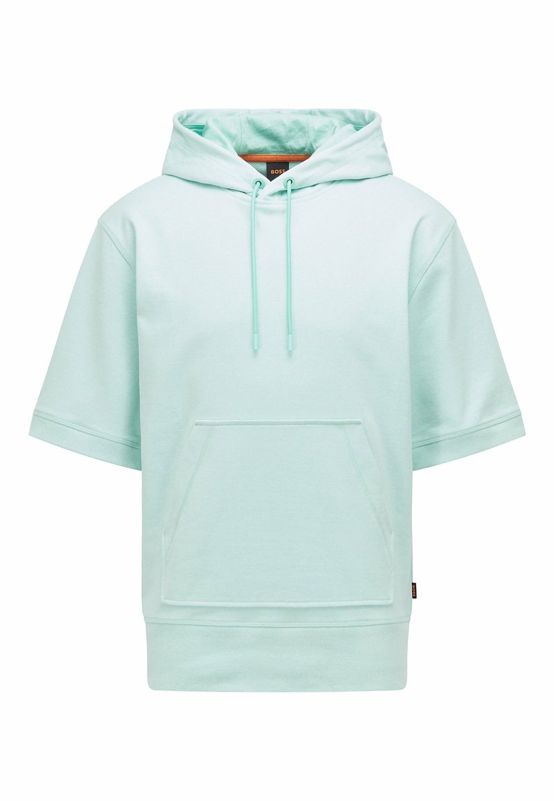 Mátově zelená krátkosrstá mikina vyrobená z měkké bavlny. Obsahuje klokanní kapsu, kapuci se šňůrkami a žebrované manžety pro dodatečné detaily.