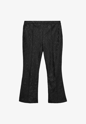 Czarne koronkowe spodnie z rozszerzanym dołem, zdobione misternymi wzorami kwiatowymi i gładką teksturą, zaprojektowane z elastycznym pasem.