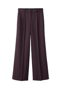 Pantalon à jambes larges de couleur violet foncé, confectionné dans un tissu texturé. Dispose de poches avant, d'une ceinture plate et de plis pour plus de détails.