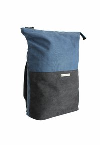 Backpack featuring a blue top section and a black bottom, made from durable fabric with a smooth texture and a small hardware accent.