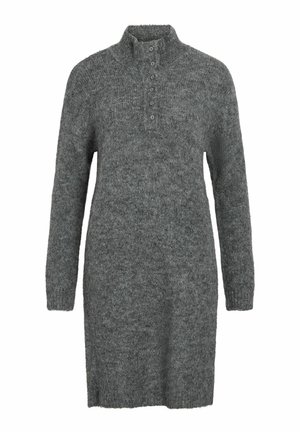 Grijze gebreide sweaterjurk met een hoge kraag, knoopsluiting, lange mouwen en zijsplitten. Zachte textuur met een losvallend ontwerp.