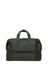 Sac de sport vert foncé avec deux poignées supérieures, fermeture zippée, poche latérale et panneaux texturés. Fabriqué à partir d'un tissu résistant avec des coutures renforcées.