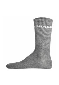 Graue Baumwollsocke mit gerippter Textur, knöchellang, mit weißem "JACK & JONES"-Logo nahe der Oberkante.
