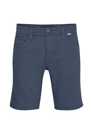 Marineblauwe shorts van een gladde stof, met een knoopsluiting, vijf zakken en gestikte details langs de randen.