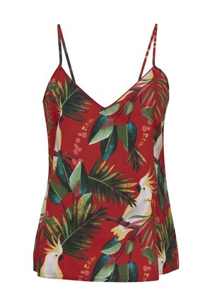 Czerwony top na cienkich ramiączkach z nadrukiem tropikalnych zielonych liści i białego kakadu z żółtym grzebieniem.