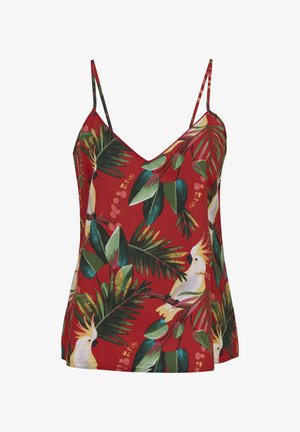 Rood camisetetopje met dunne bandjes, met print van tropische groene bladeren en witte kaketoe met gele kuif.