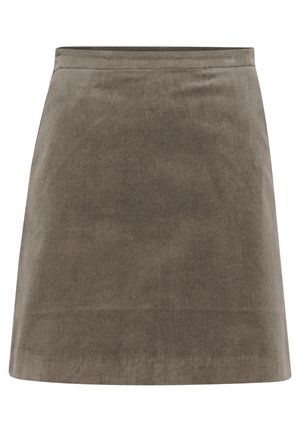 Khaki manšestrová mini sukně s rovnou siluetou, hladkou texturou a jednoduchým pasem, zdobená vertikálními proužky po celé ploše.