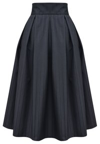 Ciemnoszara spódnica plisowana z pionowymi prążkami. Posiada wysoki stan oraz szeroki, luźny krój, wykonana z teksturowanej tkaniny.