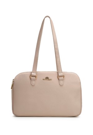 Beige schoudertas van leer met een structuur, voorzien van twee banden, een gouden ritssluiting en het Wittchen-logo in goud gegraveerd op het midden van de voorkant.
