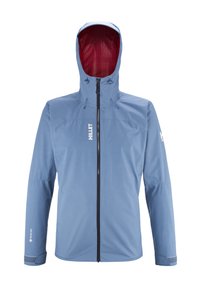 Helleblaue wasserdichte Jacke mit hohem Kragen und Kapuze, ausgestattet mit einem Frontreißverschluss und einer strukturierten roten Innenseite. Logo auf dem Ärmel.