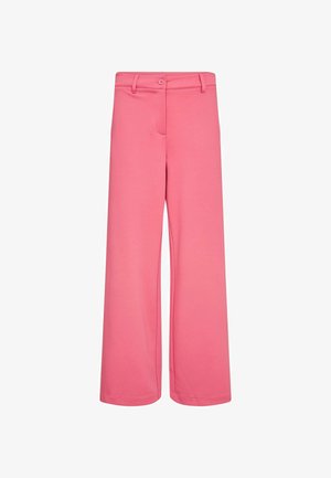 Růžové široké kalhoty s vysokým pasem, poutky na pásek, předními knoflíky a zipem, zobrazené na bílém pozadí.