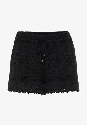 Black shorts with a textured floral pattern, elastic waistband, adjustable drawstring, and scalloped hem detail.