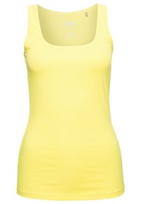 Gul ribbad tanktop med rundad halsringning, figurnära passform och inga synliga logotyper eller utsmyckningar. Slät textur och ärmlös design.