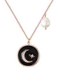 Sort pendant halskæde med et halvmåne design prydet med hvide sten og en lille stjerne, på en rosaguld kæde med en perleaccent.