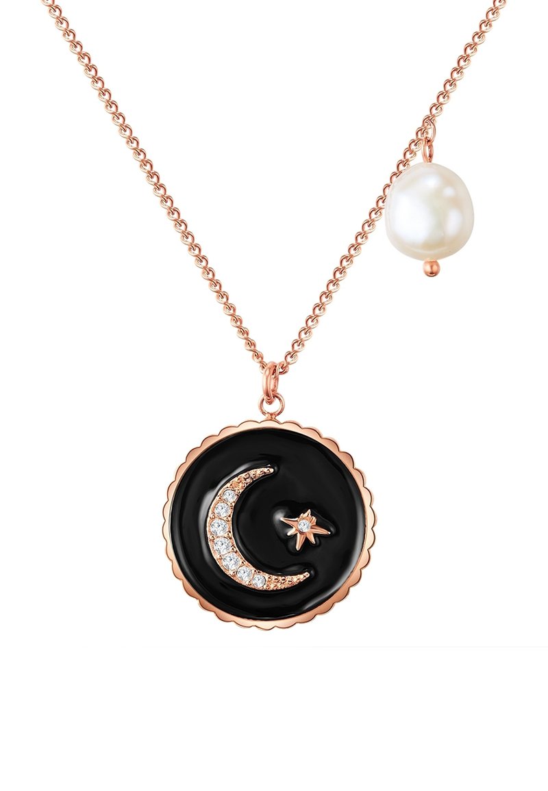 Sort pendant halskæde med et halvmåne design prydet med hvide sten og en lille stjerne, på en rosaguld kæde med en perleaccent.