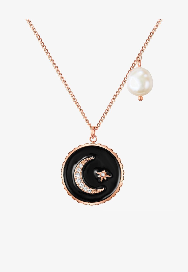 Sort pendant halskæde med et halvmåne design prydet med hvide sten og en lille stjerne, på en rosaguld kæde med en perleaccent.