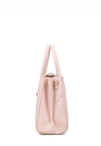Borsa tote rosa pallido con una forma strutturata, in pelle sintetica texturizzata, con doppie maniglie e dettagli in metallo dorato sul lato.