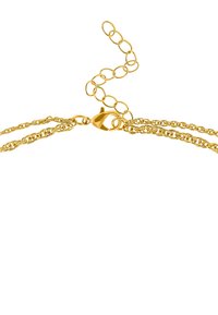 Collana dorata con due fili di catena attorcigliati, dotata di chiusura a gancio e di una catena di estensione regolabile con finitura lucida.