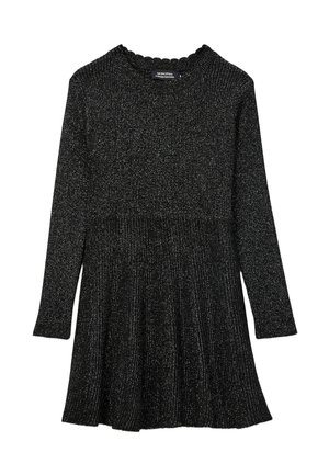 Robe en maille noire avec un col festonné, des manches longues et une jupe plissée. Caractérisée par des fils métalliques pour la texture et l'intérêt visuel.