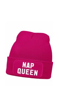 Pink knitted beanie with a ribbed texture and a fold-over cuff featuring a white "NAP QUEEN" patch. Simple, modern design.
