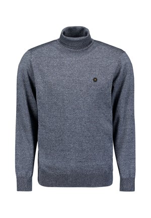 Grijze coltrui gemaakt van zacht breiwerk, met een aansluitend design en een klein zwart logo aan de voorkant.