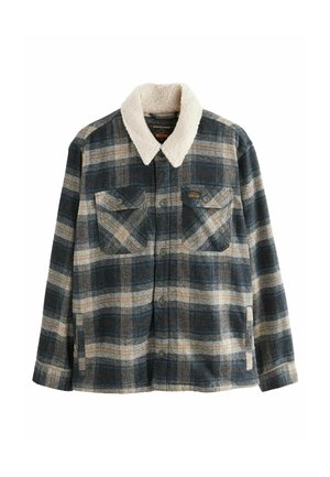 Flannel jacket featuring a dark blue and beige plaid design, a soft cream-colored shearling collar, and two chest pockets with button closures.