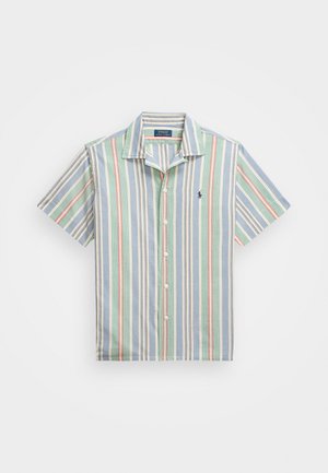 Kortsleppet skjorte med knapper og vertikale striper i blå, grønn, rød og hvit. Har klassisk krage og brodert logo på brystet.