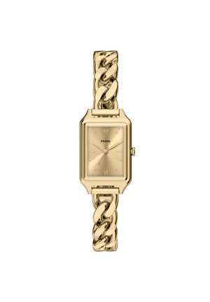 Guldtonet Fossil armbåndsur med rektangulært urkasse, kædeledsarmbånd, minimalt urskive med romertal ved 12 og 6 samt tre visere.