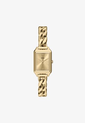 Guldtonet Fossil armbåndsur med rektangulært urkasse, kædeledsarmbånd, minimalt urskive med romertal ved 12 og 6 samt tre visere.